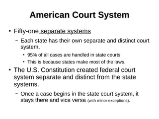 American Court SystemAmerican Court System
●
Fifty-one separate systems
– Each state has their own separate and distinct court
system.
●
95% of all cases are handled in state courts
●
This is because states make most of the laws.
●
The U.S. Constitution created federal court
system separate and distinct from the state
systems.
– Once a case begins in the state court system, it
stays there and vice versa (with minor exceptions).
 