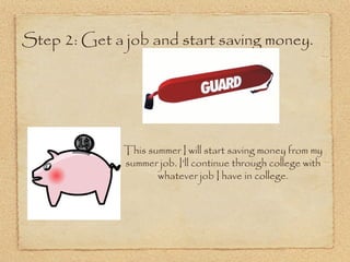 Step 2: Get a job and start saving money.




              This summer I will start saving money from my
              summer job. I’ll continue through college with
                     whatever job I have in college.
 