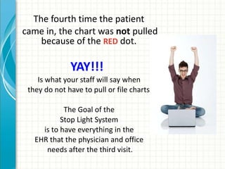 The fourth time the patient  came in, the chart was  not  pulled because of the  RED   dot.  YAY!!!   Is what your staff will say when  they do not have to pull or file charts! The Goal of the  Stop Light System  is to have everything in the  EHR that the physician and office  needs after the third visit. 