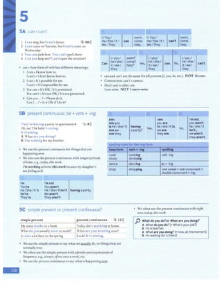 5
SA can I can't IT' 8
I/You/ swim. I/You/ swim.
l I can sing, but I can't dance. ' 2 58>)) He/She/It/ can come. He/She/ It/ can't come.
2 I can come onTuesday, but 1can't come on
Wednesday.
3 You can park here. You can't park there.
4 Can you help me? Can I open the window?
• can+ base form ofverb has different meanings:
I Ican = I know how to.
We/They
&J
I/you/
Can
he/she/
it/we/
they
help.
0
swim?
come?
Yes,
help?
We/They help.
I/you/
I/you/ r
he/she/
can. No, ~eI sheI can't .
it/we/ 1t/we/
they they
I can't= Idon't know how to.
2 I can= It's possible for me.
• can and can't are the same for all persons (/,you, he, etc.). NOT He-ettm:
• Contraction: can't =cannot.
I can't= It's impossible for me. • Don't use to after can.
3 You can= It's OK/ It's permitted. I canswim. N OT /e411t<Hwirn.
You can't=It's not OK/ It's not permitted.
4 Canyou .. .? =Please do it.
Can I ...?= Is it OK ifIdo it?
58 present continuous: be+ verb + -ing
They're having a party in apartment 4.
Oh, no! The baby's crying.
It's raining.
A What are you doing?
B I'm waiting for my brother.
f?1 .
Am i
Are you
Is he/she/it
Are we
Are they
having
a party?
Yes,
tam.
you are.
heI she /it is.
we a.re.
they are.
No,
I'm not.
you aren't.
he/she/it
isn't .,.
we aren't.
they aren't.
t. f
spe lmgru es or ttie -ing form
' "
,.,
• We use the presentcontinuous for things that are
happening now.
• We also use the present continuous with longer periods
oftime, e.g., today, this week.
I'm workino at home thisweek becausemydaughter's
notfeelin8 well.
I'm
You're
HeI She/It 's
We're
They're
I'm not
You aren't
HeI SheI It isn't having a party.
We aren't
They aren't
SC simple present or present continuous?
simple present present continuous
basefotm
cook
study
dance
shop
3 . 12l))
_M
__,_
y_s_
is_
te
_r_w
_o
_r
_k_s_
i_
n_
a_b_
a_
n_
k_
. ------11--
Today she's work.i_ngat home:__
W~ac d~ you usu
~ll_,__
y w
_e
_
a
_
r
_
t_
o_
w
_
o
_
r_
k_
? -+_
W
_
h_
at
_
a_r_e_.y
_
o
_
u
_w
_e_ar
_i_
n-""--l!:
n
_
o
_
w
_
?
-
It rains a lot here in the spring. Look! It's raining.
• We use the simple present to say what we usually do, or things that are
normally true.
• We often use the simple present withadverbs and expressions of
frequency, e.g., always, often, oncea week, etc.
• We use the present continuous tO say what is happeningllilli'.·
''· .
verb+-ing spelUn1
cooking
studying
add -ing
dancing ')!:,+ -ing
shopping one vowel+ one consonant =
. double consonant +-ing
• We often use the present continuouswith riBht
now, today, this week.
p What do you do?or What are you doing?
A What do you do?(= What's yourjob?)
B I'm a teacher.
A Whatare you doing?(= now, at the moment)
B I'm waiting for a friend.
+
 