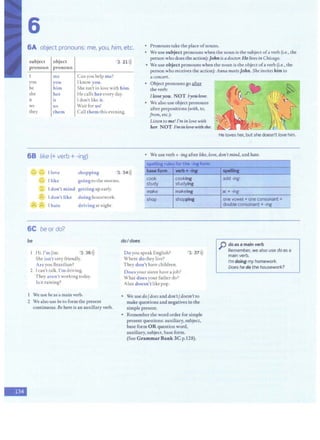 -
6
6A object pronouns: me, you, him, etc. • Pronouns take the place ofnouns.
• We use subject pronouns when the nounis the subject ofa verb (i.e., the
person who does the action):John isa doctor.He livesinChicaeo.
subject object
pronoun pronoun
3 21>))
• We use object pronounswhen the noun is the object ofa verb (i.e., the
person who receives the action): AnnameetsJohn. She inviteshim to
me
you you
he him
she her
it it
we us
they them
Can you help me?
Iknow you.
She isn't in love with him.
He calls her every day.
I don't like it.
Wait for us!
Call them this evening.
a concert.
• Object pronouns go~
the verb:
Iloveyou. NOT Iyoit lot1t.
• We also use object pronouns
after prepositions (with, to,
from, etc.):
Listen to me! I'm in love with
her. NOT I'm iii lo1e ~ith :the.
If()) -"" ·~(:/y~
~~ ?' ~':t
~~JAJ11r
He loves her, but she doesn't love him.
68 like (+ verb + -ing) • We useverb+ -ina after like, love, don't mind,and hate.
I love shopping 3
I like goingto the movies.
II
I don't mind gettingup early.
II
I don't like doing housework.
,,---.,
" II
,,---., ,,---., I hate drivingat night.
6C be or do?
be
Hi. I'm Jim. 3 36>))
She isn'tvery friendly.
Are you Brazilian?
2 Ican't talk. I'mdriving.
They aren't working today.
ls it raining?
1 We use beas'a main verb.
2 We also use be to form the present
continuous. Be here is an auxiliary verb.
I$pel.ikra rutes for tn. .ingror1n
34>)) lbasetorm "8fb•-ma
took cooking
.,study studying
make makelng
"' shop shopping
do/does
Doyou speak English? 3 37>))
Where do they live?
They don't have children.
Does your sister have a job?
What does your father do?
Alan doesn't like pop .
• We usedo/doesanddon'tfdoesn't to
makequestions and negatives in the
simple present.
• Remember theword order for simple
present questions: auxiliary, subject,
base form OR question word,
auxiliary, subject, base form.
(See Grammar Bank 3C p.128).
...
.. ... -i:'
I
..
spelUna
...
I
add -ing
..
l
::e::+ -ing
one vowel +one consonant =
double consonant + -ing
p do as a main verb
Remember, we also use do as a
main verb.
I'm doing my homework.
Does he do the housework?
 