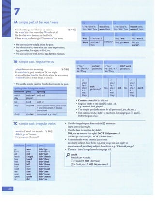 7
7A simple past of be: was/ were
President Reagan's wife was an actress.
She wasn't in class yesterday.Was she sick?
The Beatles were famous in the 1960s.
Where were you last night?You weren't at home.
• We use was/were to talkabout the past.
• We often usewas/werewith past time expressions,
e.g.,yesterday,last niBht, in 1945, etc.
• Weuse was/werewith born: I was bominVietnam.
78 simple past: regular verbs
3 44>))
Iplayed tennis this morning. 3 . 53>
))
We watched a good movie on TV last night.
My grandfather lived in Sao Paulo when he was young.
Istudied Korean when I was at school.
• We use thesimple past for finished actions inthe past.
spetnng rule$ for regular verbs .•J
' '
: ff] G
II HeI SheI It Iwas there.
YouI We / They were there.
II HeI SheJIt Iwasn't there.
. You/We/They weren'tthere.
m
Was II he/she/it Yes, Iwas. No, I wa$n't.
------
Were youI weI
they
famous? Yes, you were. No, you
weren't.
G
I/You/ worked I/You/ didn't work
He/She/It/ yesterday. He/She/It/ yesterday.
We/They We/They
0 0
I/ I/ I/
you/ you/ you/
he/
work
he/ he/
Did she/
yesterday?
Yes, she/ did. : No, she/ didn't.
it/ jt/ it/
we/ we/ we/ ,
' baseform ptlt speWna
..
.. 1
-
they they they
• Contraction: didn't= did not.
watch watched adcf-ed i
play played t
live lived add -d '
stop stopped one-syllable verbs: one vowel
• Regularverbs in the past[!] end in -ed,
e.g., worked, lived, played.
+one consonant =double
consonant
study studied consonant +y >ied
7C simple past: irregular verbs
Iwent to Canada last month. 3 59>))
Ididn't go to Toronto.
Did you go to Montreal?
base furm pastf+~ past::·
go went didn't go
have had didn'thave
get got didn'tget
teach taught didn'tteach
hear heard didn'thear
feel felt didn't feel
leave left didn't l&ave
lose lost didn't lose
meet met didn't meet
see sa~ didn't see
wear wore didn't wear
speak spoke didn't speak
do did didn'tdo
'
• The simple past is the same for all persons (I,you,she, etc.).
• Use auxiliaries did/ didn't+ base form for simple pastf.1l and[::J.
Did is the pastofdo.
• Use the irregularpast form only inG sentences:
I saw amovielast niBht.
• Use the base form af~er didfdidn't:
DidyouseeamovielastniBht? NOT Dtdyoruaw...?
I didn'tsoout lastniBht. NOT Ididn't werit...
• Remember the word order in questions:
auxiliary, subject, base form, e.g., Didyou80 out last n4Jht? or
question word, auxiliary, subject, base form, e.g., Where didyoueo?
• There is a listofirregular verbsonpage 165.
p could
Past of can =could.
El =couldn't NOT ffidtt'~ ean
f.1l =Couldyou...? NOT Didyoti can...?.
 