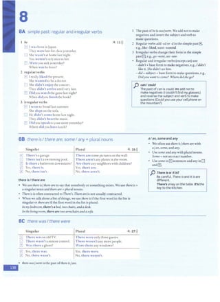 -
8
BA simple past: regular and irregular verbs
1 be
G I was born in Japan.
They were late for class yesterday.
3 She wasn't at home last night.
You weren't very nice to her.
11J Wereyou sick yesterday?
When washe born?
2 regularverbs
G I really likedthe present.
She wantedto be a docror.
n She didn't enjoy the concert.
They didn't arrive until very late.
[lJ Didyou watch the game last night?
When did you finish the book?
3 irregularverbs
r+ I went to Seoul last summer.
She slept on the sofa.
;J He didn't come home lase night.
They didn't hearrhe music.
[?] Didyou speaktoyoursisteryesterday?
Where didyou havelunch?
BB there isI there are, someI any+ plural nouns
4 11>))
The past ofbe is was/were. We add nottomake
negatives and invert the subject and verb to
make questions.
2 Regular verbs add -ed or -din the simple past[!],
e.g., like-liked, want-wanted.
3 Irregular verbs change their form in the simple
pastB e.g.,so-went, see-saw.
• Regular and irregular verbs (except can) use:
- didn't+ base form to make negatives, e.g.,/ didn't
likeit. She didn't seehim.
- did + subject + base form to make questions, e.g.,
Didyou want to come? Wheredid sheso?
p can/ could
The past of can is could.We add not to
make negatives (I couldn't find my glasses.)
and reverse the subject and verb to make
questions (Could you use yourcell phone on
the mountain?).
aI an, some and any
Singular Plural 4 16 >))
• We often use there isfthere are with
a fan, some, and any.
• Use some and anywith plural nouns.
[E There's agarage.
G There isn'ta swimming pool.
l1J Is therea bathroomdownstairs?
0 Yes, there is.
0 No, there isn't.
there islt here are
There are some pictures on the wall.
There aren't any plants in rhe room.
Are there any neighbor~ with children?
Yes, there are.
No, there aren't.
• We use thereisfthere are to say that somebody or something exists. We use there is +
a singular noun and there are+ plural nouns.
• There is is often contracted toThere's. There are is not usually contracted.
• When we talkabout a listofthings,we use thereis ifthe first word in rhe list is
singularor thereareifthe first word in the list is plural:
Jn my bedroom, there'sa bed, two chairs, andadesk.
In the livins room, therei:ire twoarmchairsanda sofa.
BC there was I there were
Singular
G [here was an old TV.
G There wasn't a remote control.
[?' 'as there a ghost?
0 Yes, there was.
[!.] No, there wasn't.
Plural
There wereonly three guests.
There weren't any more people.
'ere there any windows?
Yes, there were.
No, there weren't.
• therewas fwere is the past ofthere is/are.
4 27>))
Some = not an exact number.
• Usesome inGsentences and any inG
and [11.
p There is or It is?
Be careful. There is and It is are
different.
There's a key on the table. It's the
key to the kitchen.
 
