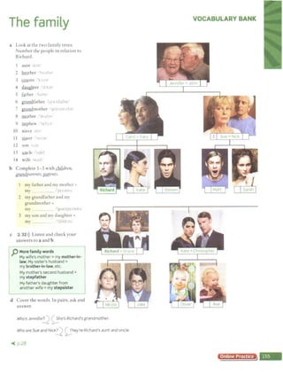The family
a Look at the two family trees.
!umber the people in relation to
Richard.
b
aunt <-t.:nt
2 bmther 'hrA1br:
3 £QYsin :''k.vn·
4 d..iw.ghter bt.:n!
5 futher "'v'
6 grandfather :n lll('Jr
7 grandmother 41 a:11!11 <~r
8 IllQther :'m,,1.)r·
9 ~phew , Del U'
IO niece ')•-..
11 filter 'l'-i "If
12 ~on °'An
13 uncle · l)kl·
14 wife /v,mf'
Complele 1-3 with dilldren,
arandparents,llfilent~.
my father and my mother =
my _ __, pn.1nb
2 my grandfather and my
grandmother =
my lJU.r·('lr:lnt~....
3 my son and my daughter =
my _ _ 111'
c 2 32>)) Listen and check your
answers to a and b.
p Morefamily words
My wife's mother = my mother-in-
law;My sister's husband =
my brother-in-law, etc.
My mother's second husband =
my stepfather
My father's daughter from
another wife =my stepsister
d Cover the words. In pairs, ask and
answer.
Who's Jennifer!.) ( She's Richard's grandmother.
Who are Sue and Nick? They're Richard's aunt and uncle.
~ 2-.r-
-< p.28
VOCABULARY BANK
Online Practice
 