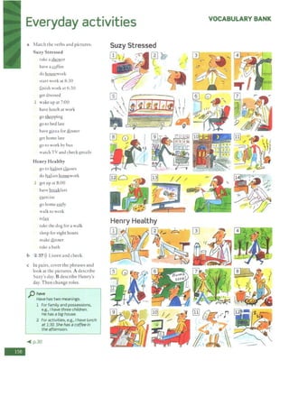 -
Everyday activities
a Match the verbs and pictures.
Suzy Stressed
take ashower
have a coffee
do housework
start work at 8:30
finish work at 6:30
get dressed
1 wake up at 7:00
have lunch at work
go shopping
go to bed late
have wzza for dinner
get home late
go to work by bus
watch TV and check~mails
Henry Healthy
go to Italian .dilsses
do Italian homework
1 get up at 8:00
have breakfast
exercise
go home early
walk to work
relax
take the dog for a walk
sleep for eight hours
make dinner
take a bath
b 2 37>)) Listen and check.
c In pairs, cover the phrases and
look at the pictures. A describe
Suzy's day. Bdescribe Henry's
day. Then change roles.
j)have
Have hast wo meanings.
1 For family and possessions,
e.g., Ihave three children.
He has a bighouse.
2 For activities, e.g., I have lunch
at 1:30. She has a coffee in
the afternoon.
<II( p.30
VOCABULARY BANK
 