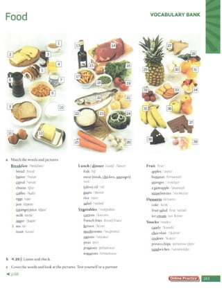 Food
a Match the words and pictures.
Breakfast /'brckfast/
bread /hml!
butter /'bAt;:iri
meal /'srri;)l/
cheese /tfizJ
mffee /'kofi/
eggs /cgz/
jam /d3rem/
(orange) juice /d3us/
milk /mtlk/
fil!gar /'J'og<ir/
l tea /ti/
toast /toost/
b 4 29>)) Listen and check.
Lunch/ dinner /lAntf/ /'dm:.ir/
fish Jflfl
meat (steak, chicken, fil!l!Sages)
/mit/
(Qlive) oil ':HI/
~ta /'pust<J/
rice /rat~/
glad /'srefad/
Vegetables /'vcd3t:.iblz/
carrots /'kc.er:>ts/
French fries lfrcntf fra1s/
kttuce flct;:is/
mushrooms l'mAfwmzl
onions l'Any;mz/
peas /piz/
potatoes 'p::>'te1tooz/
tomatoes /t<i'meltoozJ
c Cover the words and look at the pictures. Test yourselfor a partner.
-<p.$8
VOCABULARY BANK
Fruit tfrutl
.!!pples /'a:plz!
bananas /b:.i'men;:iz/
m:anges /':irind31z/
a J2ineapple /'painrepl/
strawberries /'str;:1bcrizi
Desserts /ch'z:.irt.,,
cake /kc1ki
fruit ~lad /frut rel<>d!
ice~ /a1s 'krim/
Snacks /.,na;ks/
candy /'krendi/
chocolate /'t.fukl;:it/
£QQkies /'kokiz/
potato chips /p:>'tertoo t.f1ps'
sandwiches /'sa::ndw1tf1z/
Online Practice
,_
 