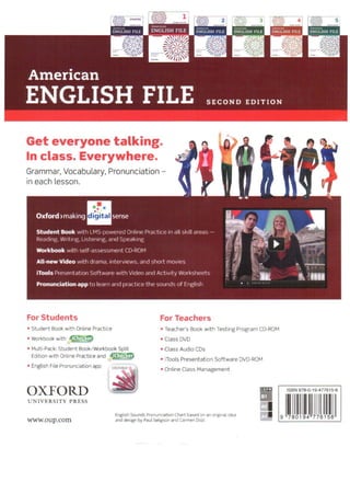 Get everyone talking.
In class. Everywhere.
Grammar, Vocabulary, Pronunciation -
in each lesson.
For Students
• Student Book with Online Practice
• Workbook with ~m
•,
For Teachers
• Teacher's Book with Testing Program CD-ROM
• Class DVD
• Multi-Pack: Student Book/Workbook Split
Edition with Online Practice and ~~im!n
• Class Audio CDs
• iTools Presentation Software DVD-ROM
• English File Pronunciation app
OXFORD
UNIVE RSITY PRESS
www.oup.com
• Online Class Management
English Sounds Pronunciation Chart based on an original idea
and design by Paul Seligson and Carmen Dolz.
ISBN 978-0-19-477615-8
111 I
9 780194 776158
 