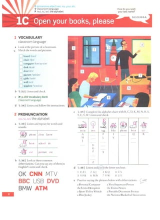 -
G possessive adjectives· my, your, etc.
V classroom language How do you spell
your last name?
P /ou/, /u/, far!; the alphabet
1 VOCABULARY
classroom language
a Look at the picture ofa classroom.
1 Match the words and pictures.
0 board /b;:ird/
D chair ltJcr/
D COOlpl!ter /hm'pyut~r/
Ddesk/desk/
L_ door /d:ir/
L pkture /'p1ktJ3r/
[II table /'te1bl/
D wall/w;:il/
D window /'wmdou/
b 1 31>)) Listen and check.
c >-p.150 Vocabulary Bank
Classroom language.
d 1 34>)) Listen and follow the instructions.
2 PRONUNCIATION
foul, tu!, !ar1; the alphabet
a 1 35>)) Listen and repeat the words and
sounds.
~ phone close know
d! boot school do
·~ car partner are
b 1 36l)) Look at these common
abbreviations. Can you say any ofthem in
English? Listen and check.
OK CNN MTV
BBC USB DVD
BMW ATM
c 1 37l)) Complete the alphabet chart with B, C, D, K, M, N, 0, S,
T, U, V, W. Listen and check.
~ Ci> j ~ ~ di 4h-
.,~
train tree egg bike phone boot car
A F I - - Q R
H L y - -
- -
J - - - - -
-- E - -
G - -
p x
- -
- -
z
d 1 38>)) Listen and1ti~the letter you hear.
lEAI 2GJ 3KQ 4CS
SVPB 6MN 7VW 8UY
e Practice saying the phrases below with abbreviations. ~PC
a Personal Computer a Very Important Person
the United Kingdom the United States
a Sport Utility Vehicle a Portable Document Format
a Disc Jockey the National Basketball Association
 