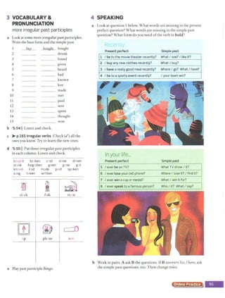 3 VOCABULARY &
PRONUNCIATION
more irregular past participles
a Look at some more irregular past participles.
Write the base form and the simple past.
I buy bouaht bought
2 drunk
3 found
4
s
6
7
8
9
IO
11
12
given
_ __ heard
___ had
___ known
___ lose
___ made
met
___ paid
13 - - --
___ sent
___ spent
14
15
rhought
_ _ _ won
.b 5•54>)) Listen and check.
c )o- p.165 Irregular verbs Check (.I) all the
ones you know. Try to learn the new ones.
d 5:55>)) Put three irregular past participles
in each column. Listen and check.
bought
drunk
known
brcken c st d ne dr ven
forgotten given gc.ne got
lost made paid spoken
si..ng t.1
ken wr tten
:~
' ' ' -..
. .
( .
..
,
cl ck
up phone
e Play past participle BinBo·
tra,n
saw
4 SPEAKING
a Look at question 1below. What words are missing in the present
perfect question? What words are missing in the simple past
question? What form do you need ofthe verb in bold?
__,.....,.....
Present perfect Simple past
1 I be to the movie theater recently? What I see? / like it?
2 I buy any new clothes recently? What / buy?
3 I have a really good meal recently? Where I go? What I have?
4 I be to a sports event recently? I your team win?
In your life...
Present perfect Simple past
5 I ever be on TV? What TV show I it?
6 I ever lose your cell phone? Where / lose it? I find it?
7 I ever win a cup or medal? What I win it for?
a I ever speak to a famous person? Who I it? What I say?
I
b Work in pairs. A ask B the questions. If B answers Yes, l have, ask
the simple past questions, too. Then change roles.
Online Practice
 