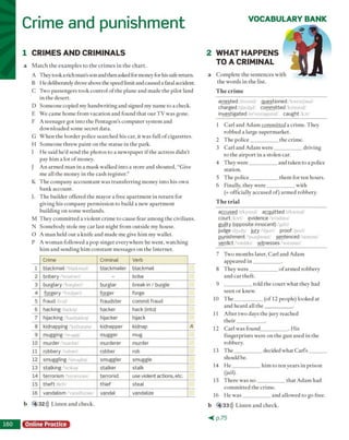 Crime and punishment VOCABULARY BANK
1 CRIMES AND CRIMINALS
a M a tc h th e e x a m p le s to th e c rim e s in th e c h a rt.
A T hey took a rich m an's son and then asked for m oney for his safe return.
B H e deliberately drove above the speed lim it and caused a fatal accident.
C T w o p assen g ers to o k c o n tro l o f th e p lan e an d m ad e th e p ilo t land
in th e d esert.
D S o m eo n e copied m y h a n d w ritin g a n d signed m y nam e to a check.
E W e cam e h o m e fro m v a c atio n an d fo u n d th a t o u r T V w a s gone.
F A te e n a g e r g o t in to th e P en tag o n 's c o m p u te r sy stem and
d o w n lo a d e d so m e secret d ata.
G W h e n th e b o rd e r p o lice search ed h is car, it w a s fu ll o f cig arettes.
H S o m eo n e th re w p a in t o n th e sta tu e in th e park.
I H e said h e ’d send th e p h o to s to a n ew sp a p e r if th e a c tre ss d id n ’t
pay h im a lo t o f m oney.
J A n arm e d m an in a m ask w alked in to a sto re a n d sh o u te d , “G ive
m e all th e m o n ey in th e cash reg ister.”
K T h e co m p an y a c c o u n ta n t w as tra n s fe rrin g m o n ey in to his o w n
b a n k acco u n t.
L T h e b u ild e r o ffered th e m ay o r a fre e a p a rtm e n t in re tu r n for
g iv in g h is c o m p a n y p e rm issio n to b u ild a new a p a rtm e n t
b u ild in g o n som e w etlan d s.
M T h ey c o m m itte d a v io len t c rim e to cau se fea r a m o n g th e civilians.
N S o m eb o d y stole m y car last n ig h t fro m o u tsid e m y house.
O A m a n held o u t a k n ife a n d m ad e m e give h im m y w allet.
P A w o m an follow ed a p o p sin g e r ev ery w h ere he w en t, w a tc h in g
h im a n d se n d in g h im c o n sta n t m essag es on th e In te rn et.
Crime Criminal Verb
1 blackmail /‘blaekmeil/ blackmailer blackmail
2 bribery /'braibari/ - bribe
3 burglary /'barglari/ burglar break in / burgle
4 forgery /‘Urdsari/ forger forge
5 fraud Trad/ fraudster commit fraud
6 hacking /hrekig/ hacker hack (into)
7 hijacking 'haid^kig/ hijacker hijack
8 kidnapping /'kidntepm/ kidnapper kidnap A
9 mugging /ˈɒıʌəɪŋ/ mugger mug
10 murder /'mardar/ murderer murder
11 robbery /'rabari/ robber rob
12 smuggling /"smAglity smuggler smuggle
13 stalking /'stokir)/ stalker stalk
14 terrorism /'terarizam/ terrorist use violent actions, etc.
15 th e ft /heft/ thief steal
16 vandalism 'vamdlizom/ vandal vandalize
b 4 32))) L iste n a n d ch eck .
2 W HAT HAPPENS
TO A CRIMINAL
a C o m p le te th e se n te n c e s w ith
th e w o rd s in th e list.
The crime
arrested /o'restid/ questioned /'kwestfand/
charged /tfardgd/ committed /ko'mitid/
investigated /in'vestogeitid/ caught kot/
accused /a'kyuzd/ acquitted I k wit id/
court /kart/ evidence 'evadans/
guilty (opposite innocent) 'gilti
judge/d3Ad3/ jury/'dymi proof/pruf/
punishment /'pnnijmant/ sentenced 'sentnst
verdict/'vardikt/ witnesses 'witnosiz
7 T w o m o n th s later, C a rl and A d am
a p p eared i n ___________.
8 T h ey w e re ____________ o f arm e d ro b b ery
an d c a r th eft.
9 ____________ told th e c o u rt w h a t th ey had
seen o r knew'.
10 T h e ____________ (o f 12 people) loo k ed at
an d h e a rd all t h e ____________ .
11 A fter tw o days th e ju ry reached
th e ir ____________ .
12 C arl w as fo u n d ____________.H is
fin g e rp rin ts w ere o n th e g u n used in the
robbery.
13 T h e ____________ decided w hat C arl’s ________
should be.
14 H e ____________h im to te n y ears in p riso n
(jail).
15 T h e re w as n o ____________ th a t A d am had
c o m m itte d th e crim e.
16 H e w a s ____________ a n d allo w ed to go free.
Online Practice
b 4 33))) L iste n a n d ch eck .
< p . 7 5
1 C a rl a n d A d am committed a crim e. T h ey
ro b b ed a large su p e rm a rk e t.
2 T h e p o lic e ____________ th e crim e.
3 C a rl and A d am w e re ____________ d riv in g
to th e a irp o rt in a sto le n car.
4 T h ey w e re ____________ and taken to a police
station.
5 T h e p o lic e ____________ th em for ten h o u rs.
6 Finally, th ey w e re ____________ w ith
(= o fficially accu sed o f) a rm e d robbery.
The trial
 