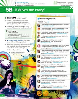 G structures a fte r wish
V expressing feelings w ith verbs or -ed / -ing adjectives
P sentence rhythm and intonation
5B It drives me crazy!
Some people want it to happen,
some wish it would happen,
others make it happen.
Michael Jordan,
US basketball player
Write three more things that annoy you and
that you would like people to change or to
add to the Twitter thread. Begin...
/ wish...would I wouldn’t...
e In pairs or small groups, ^
compare your tweets.
I wish people wouldn't start stupid rumors that aren't
true. #iwishtheywouldn't
1 GRAMMAR wish + would
a Look at a Twitter thread where people
tweeted about things that annoy them.
Check ( / ) the things that annoy you, too.
b Compare the things you checked with a
partner. Which are your top three, and why? I wish my boyfriend wouldn't fall asleep every time
I want to talk to him. © #iwishtheywouldn’t
I wish my son wouldn't always leave the car without
gas every time he borrows it. #iwishtheywouldn't
I wish people would stop using emoticons
and smiley faces. They just annoy m e .:(
#iwishtheywouldn't
I wish my family would put DVDs back in their cases.
I hate finding empty cases when I'm looking for
something to watch. #iwishtheywouldn’t
I wish my children would take their tissues out of
their pockets before they put their clothes in the
washing machine. #iwishtheywouldn't
I wish my boss wouldn’t always schedule meetings
during my lunch hour. #iwishtheywouldn’t
I wish salespeople would serve me when I'm
waiting instead of chatting with their friends.
#iwishtheywouldn't
I wish people would turn up when they say they're
going to. #iwishtheywouldn't
I wish my friends would put their phones away when
we're having a meal. You shouldn't text at the dinner
table! #iwishtheywouldn’t
I wish people wouldn't ask me “What are you
doing?” when it’s completely obvious what I'm
doing. #iwishtheywouldn't
I wish advertising companies wouldn't use
songs I really love to advertise something I hate.
#iwishtheywouldn’t
I wish people wouldn't leave supermarket carts in
the parking lot just because they're too lazy to take
them back. #iwishtheywouldn't
I wish people would throw away pens when they
don't work anymore!!! #iwishtheywouldn't
Useful language
I agree with this one.
It really annoys me when...
It's so annoying when...
It drives me crazy when...
people shout
on cell phones.
#iwishtheywouldn’t
Tweets T o p /A ii
c > - p.141 Gram m ar Bank 5B. Learn more
about wish + would, and practice it.
 