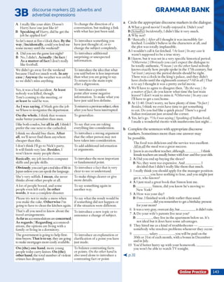 3B discourse markers (2): adverbs and
adverbial expressions
A 1really like your shirt. D oesn't
H arry have one just like it?
B Speaking ofH arry, did he get the
job he applied for?
To change the direction o f a
conversation, b u t m aking a link
w ith w hat has just been said.
So let's m eet at five o ’clock then. By the
way / Incidentally, could you lend me
some m oney until the weekend?
To introduce som ething you
have just thought o f o r to
change the subject completely.
A D id you see the game last night?
B N o, Ididn't. Actually / In fact /
As a matter offact Id o n 't really
like football.
To introduce additional
surprising o r unexpected
inform ation.
W e didn't go away for the weekend
because I had too m uch work. In any
case / Anyway the w eather w as awful,
so we didn't miss anything.
To introduce the idea that what
you said before is less im portant
than w'hat you are going to say.
To retu rn to the m ain topic
after a digression.
Yes, it was a bad accident. At least
nobody was killed, though.
Tom ’s com ing to the m eeting, or
at least he said he was.
To introduce a positive
point after .some negative
inform ation. To make w hat you
have just said less definite.
As I was saying, if M ark gets the job
we'll have to reorganize the department.
To return to a previoussubject, often
after you have been interrupted.
On the whole, 1think that wom en
m ake b etter journalists than men.
To generalize.
I like both condos, but all in all, I think I
prefer the one next to the cathedral.
To say th at you are taking
everything into consideration.
Ithink we should buy them . After
all, we'll never find them anywhere
cheaper th an this.
To introduce a strong argum ent
that the o th er person may not
have taken into consideration.
I d o n 't think I'll go to N ick's party.
It will finish very late. Besides, I
w on't know m any people there.
To add additional inform ation
o r argum ents.
Basically, my job involves com puter
skills and people skills.
To introduce the m ost hnportant
o r fundam ental point.
Obviously,you can't get a real idea o flife in
Japan unless you can speak the language.
To introduce a fact th at is very
clear to see o r understand.
S he’s very selfish. I mean, she never
thinks about oth er people at all.
To make things clearer o r give
m ore details.
A lot o f people booed, and som e
people even left early. In other
words, it w as a com plete disaster.
To say som ething again in
another way.
Please try n ot to make a m ess w hen
you make the cake. Otherwise I'm
going to have to clean the kitchen again.
To say w hat the result w ould be
if som ething did n o t happen or
if the situation were different.
T h at's all you need to know about the
travel arrangem ents.
Asfarasaccommodations are concerned,
As regards / Regarding accom m od­
ations, the options are living w ith a
family o r living in a dorm itory.
To introduce a new topic o r to
announce a change o f subject.
T he governm ent is going to help first-
time buyers. Thatis to say, drey are going
to make mortgages m ore easily available.
To introduce an explanation or
clarification o f a point you have
just made.
On (the) one hand, m ore young
people today carry knives. On (the)
otherhand,the total num ber o f violent
crim es has dropped.
To balance contrasting facts
o r points. On the other hand is
also used alone to introduce a
contrasting fact o r point.
a
GRAMMAR BANK
C ircle th e a p p ro p riate discourse m arkers in th e dialogue.
A W h at a good movie! I really enjoyed it. D id n 't you?
B(Actually)! Incidentally, I d id n 't like it very m uch.
A W hy not?
B 1Basically j After all I thought it w as incredibly far­
fetched. I couldn't believe in the characters at all, and
the plot was totally im plausible.
A I w ouldn't call it far-fetched. 2A t least / In any case it
w asn't supposed to be a true story.
B I know, b u t it w as set in a very specific historical period.
3 Otherwise / Obviously you can 't expect the dialogue to
be totally authentic, 41mean / on the other hand nobody
know s exactly how people spoke in the 17th century, but
5at least I anyway the period details should be right.
T here w as a clock in the king’s palace, and they did n 't
have clocks until the eighteenth century! 6A11 in all / That
is to say I thought it w as a pretty aw ful movie.
A W e'll have to agree to disagree then. 7By the way / As
a matter offact, do you know w hat tim e the last train
leaves? I don’t w ant to m iss it. 8Otherwise / In any case
I'll have to get a taxi hom e.
B A t 11:40. D on’t worry, w e have plenty o f tim e. 9Infact /
Besides, I think we even have tim e to get som ething
to eat. D o you feel like a quick pizza? T h ere's a good
Italian restaurant just around the corner.
A Yes, let's go. ,0As I was saying / Speaking o/Italian food,
I m ade a w onderful risotto w ith m ushroom s last night...
b C om plete the sentences w ith appropriate discourse
m arkers. S o m e tim e s m o re th a n o n e a n sw e r m ay
b e possible.
T he food was delicious and the service w as excellent.
All in all the m eal w as a great success.
1 jason is an excellent teacher, although__________ I think
female teachers are usually better with four- and five-year-olds.
2 A D id you end up buying the shoes?
B N o, they were to o expensive. A n d __________ I
decided th at I didn’t really like them that much.
3 I really think you should apply for the m anager position.
__________ , you have nothing to lose, and you m ight just
get it, w ho knows?
4 A I just read a great book th at Sim on lent me.
B __________ Sim on, did you know he's m oving to
New- York?
5 A H ow w as your day?
B Fine. I finished work a little earlier than usual.
----------------, did you rem em ber to get a birthday present
for your mom?
6 It was a very gray, overcast day, b u t__________ it didn't rain.
7 A D o your w ife's parents live near you?
B __________ , they live in the apartm ent below us. It's
n o t ideal but it does have som e advantages.
8 They hired m e as a kind o f troubleshooter — __________
som ebody w ho resolves problem s w henever they occur.
9 __________ salary___________, you will be paid on the
30th o r 31st o f each m onth, w ith a bonus in D ecem ber
and in July.
10 You'd b etter hurry up w ith your hom ew ork----------------
you w on’t be able to w atch T V tonight.
< p .3 1
Online Practice 143
 