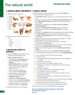 The natural world V O C A B U LA R Y BAN K
1 ANIM ALS, BIRDS, AND INSECTS 3 ANIM AL IDIOMS
a
b
M a tc h th e w o rd s a n d p ic tu re s.
C a n you n a m e a n an im a l o r in se c t w h ich
c a n ...?
a bite
b sting
c scratch
d kick
e spit
R ead th e se n te n c e s a n d try to g u e ss th e m e a n in g o f th e bold id io m s.
T h e n m a tc h th e m to d e fin itio n s A --0 .
1 Iworked like a dog o n th is p ro ject, so Ih o p e I'm going to get the credit
for it.
2 Itold him w hat Ithought o f h im but it’s like water offa duck’s back for him .
3 H e w as like afish out ofwaterw hen he left his small tow n and w ent to live
in Los Angeles.
4 You think you've passed th e test, b u t don’t count your chickens
(before they hatch).
5 I decided to take the bull by the horns and w ent to see m y boss.
6 W h e n they divorced, N ick’s w ife got the lion’s share o f everything
thev ow ned.J
7 Jim Phelps w as a dark horse in the m ayoral election, b u t he ended up w inning.
8 I’m in the doghouse b ecause I fo rg o t o u r w edding anniversary.
9 H e made a real pig ofhim selfat the dinner. H e had second helpings
o f everything.
10 W h e n m y car broke d o w n at th e end o f such a n aw ful day, it w as really
the last straw (th at breaks th e cam el’s back).
11 T h e com pany says th ey ’re n o t going to lay anyone o ff w ith the
restru c tu rin g , but I smell a rat.
12 If w e have th e m eetin g in S alt Lake C ity, w e can go and visit m y m o th e r at
th e sam e tim e and kill two birds with one stone.
2 IS S U E S RELATIN G TO
AN IM ALS
a L o o k a t th e bold w o rd s a n d p h ra se s w ith
a p a rtn e r a n d say w h a t th ey m ea n .
In your country are there...?
1 any o rg an izatio n s th a t protect anim als
and th eir environment, o r animal
charities
2 animal rights activists, w h o organize
p ro te sts ag ain st th e use o f anim als for
e n te rta in m e n t, p ro d u c t testin g o r in
m edical research
3 n atio n al o r regional celebrations
w h ere anim als a re treated cruelly
4 n atio n al p ark s o r co n serv atio n areas
w h ere anim als live in the wild
5 endangered species / ‘spi fiz/
6 anim als th a t are hunted for sport
7 anim als th a t are b ein g bred in captivity
in o rd er to rein tro d u ce th em in to th e w ild
8 anim als th a t are kept o r tran sp o rted in
inhum ane conditions, e.g. veal calves
b A n sw e r th e q u e stio n s. G ive ex am p les.
13 M y boss can seem kind o f aggressive, b ut in fact herbark is worse than
her bite.
14 A fter playing so badly he w alked o ff with his tail between his legs.
15 Iw ouldn’t b rin g u p th e subject again if Iw ere you. I’d let sleeping dogs lie.
A face a difficu lt situ atio n directly and w ith courage
B w o rk very hard
C n o t m en tio n som ething th a t happened in the p ast to avoid argum ents
o r pro b lem s
D criticism d o e sn 't affect him
E m anage to achieve tw o th in g s by doing o n e actio n
F a little-know n p articip an t in a co m p etitio n w ho su rp rises everyone
by w inning
G th e largest o r b e st p a rt
H n o t be to o co n fid en t th a t so m eth in g w ill be successful
I e a t and d rin k to o m uch, be very greedy
J th e last in a series o f bad events th a t m akes you unable to accept
th e situ a tio n any longer
K feeling ash am ed , e m b arrassed , o r u n h ap p y b ecau se you have b een
defeated o r pu n ish ed
L som ebody (usually your p artn er) is annoyed w ith you about som ething
M sb w hose w o rd s are w orse th an th e ir actions
N th in k th a t sth is w ro n g o r th a t sb is try in g to deceive you
O feel u n co m fo rtab le o r aw kw ard in u n fam iliar su rro u n d in g s
D o y o u h av e th e sa m e o r sim ila r id io m s in y o u r lan g u ag e?
Can you remember the words and phrases on this page?
Test yourself or a partner.
< p .8 6
w ings
a shell
paw s
a beak
h o rn s
a tail
claws
fur
fins
 