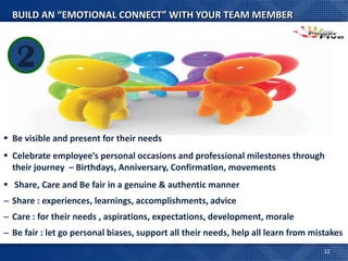 BUILD AN “EMOTIONAL CONNECT” WITH YOUR TEAM MEMBER



   2

 Be visible and present for their needs
 Celebrate employee’s personal occasions and professional milestones through
  their journey – Birthdays, Anniversary, Confirmation, movements
 Share, Care and Be fair in a genuine & authentic manner
– Share : experiences, learnings, accomplishments, advice
– Care : for their needs , aspirations, expectations, development, morale
– Be fair : let go personal biases, support all their needs, help all learn from mistakes
                                                                                    22
 
