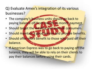 Q) Evaluate Amex’s integration of its various
businesses :-
• The company’s business units should go back to
paying balance off from month-to-month payment.
• Should target the wealthy and low-risk consumers.
• Should maintain a good service and provide benefits.
• Should offer more benefit to those who paid off their
balance.
• If American Express was to go back to paying off the
balance, they will be able to rely on their clients to
pay their balances before using their cards.
 