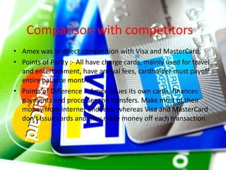 In direct competition with Visa and MasterCard.
Comparison With Competitors
Points of Parity :-
• All have charge cards
• Used for travel and
entertainment
• Annual fees
• Must payoff entire
balance monthly
Points of Difference :-
• Issues its own cards
• Finances payments and
processes the transfers
• Make most of their
money from internet
and fees
 