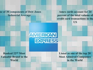 ne of 30 components of Dow Jones
Industrial Average
Ranked 22nd Most
Valuable Brand in the
World
Listed as one of the top 20
Most Admired Companies
in the World
Amex cards account for 24
percent of the total volume of
credit card transactions in the
US
 