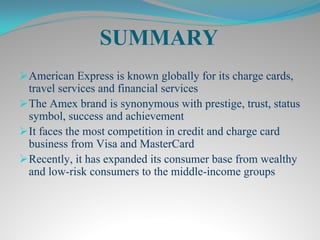 SUMMARY
ØAmerican Express is known globally for its charge cards,
travel services and financial services
ØThe Amex brand is synonymous with prestige, trust, status
symbol, success and achievement
ØIt faces the most competition in credit and charge card
business from Visa and MasterCard
ØRecently, it has expanded its consumer base from wealthy
and low-risk consumers to the middle-income groups
 