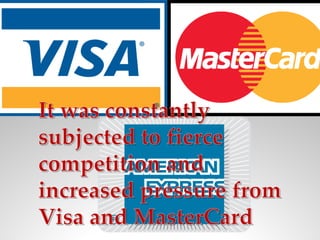 It was constantlyIt was constantly
subjected to fiercesubjected to fierce
competition andcompetition and
increased pressure fromincreased pressure from
Visa and MasterCardVisa and MasterCard
 