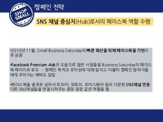 Small Business Saturday
캠페인 전략
캠페인 전략
SNS 채널 중심지(Hub)로서의 페이스북 역할 수행

•2010년 11월, Small Business Saturday의 빠른 확산을 위해 페이스북을 기반으
로 삼음
•Facebook Premium Ads의 도움으로 많은 사람들을 Business Saturday의 페이스
북 페이지로 유도 → 캠페인 목적과 유익성에 대해 알리고 더불어 캠페인 참여자들
에게 주어지는 혜택도 알림
•페이스북을 중추로 삼아서 트위터, 유튜브, 포어스퀘어 등의 다양한 SNS채널 연동
다른 SNS채널들을 연결시켜주는 중앙 광장 같은 역할을 함

 