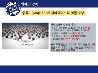 Small Business Saturday
캠페인 전략
캠페인 전략
증폭기(Amplifier)로서의 페이스북 역할 수행

페이스북의 증폭기 기능
•이곳 저곳에 분산 되어있는 개인들을 연결
•개인들은 자신의 관심 분야에 대한 생각을
자발적인 의지에 의해 공유, 확산
•공통된 관심, 흥미 사항을 통해 연결된
개인들은 강한 커뮤니티 형성

▶이렇게 형성된 커뮤니티가 때로는 하나의
운동으로 나아갈 수 있다는 점을 아멕스가
인지해서 캠페인에 적용

 