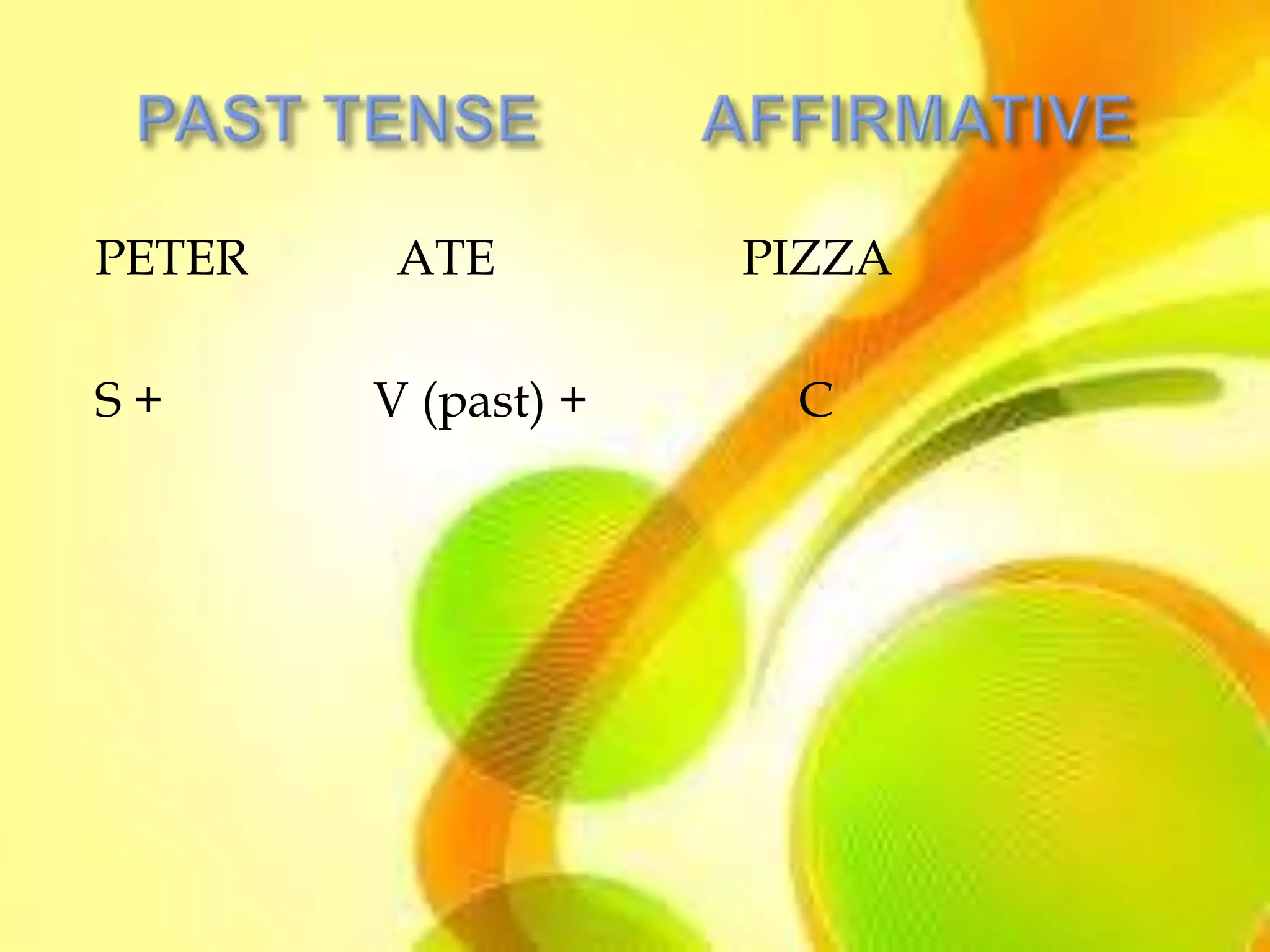 PETER    ATE         PIZZA

S+      V (past) +    C
 