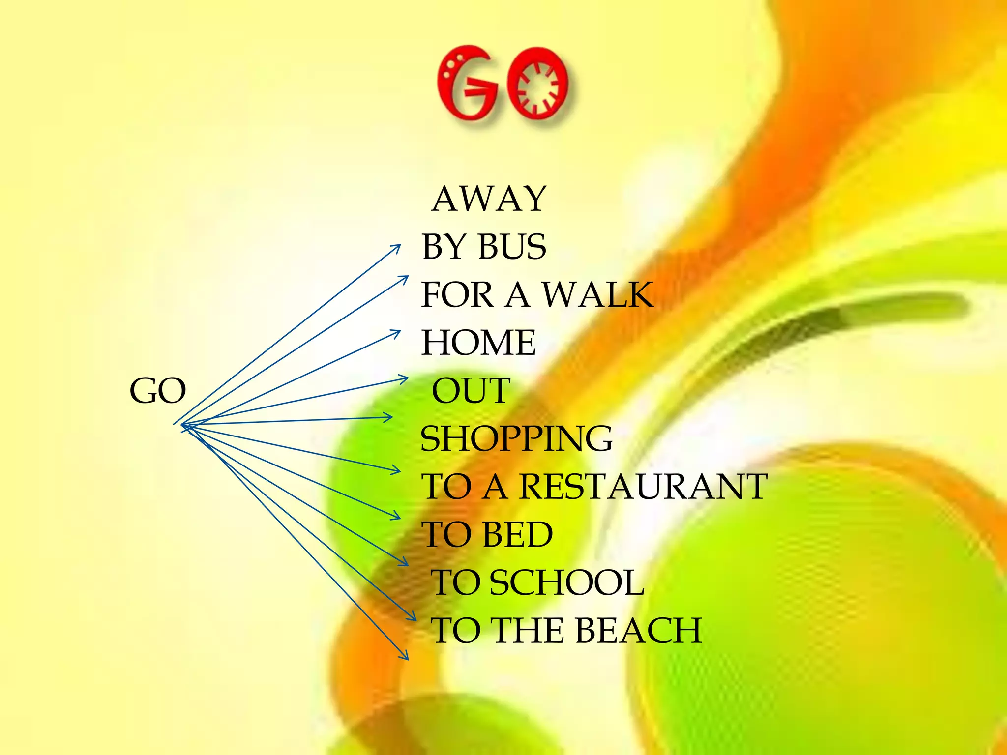 AWAY
     BY BUS
     FOR A WALK
     HOME
GO    OUT
     SHOPPING
     TO A RESTAURANT
     TO BED
     TO SCHOOL
     TO THE BEACH
 
