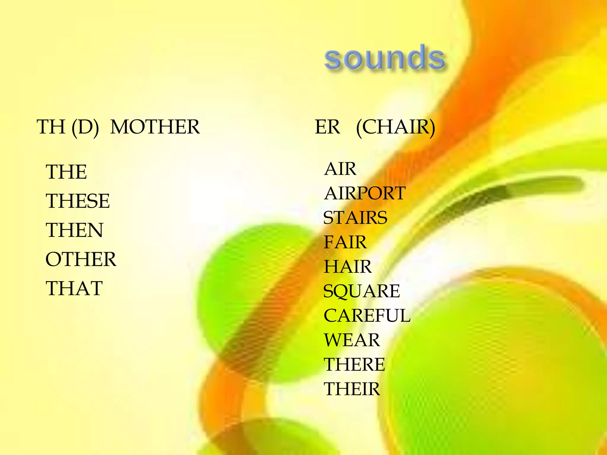 TH (D) MOTHER   ER (CHAIR)

THE             AIR
THESE           AIRPORT
                STAIRS
THEN
                FAIR
OTHER           HAIR
THAT            SQUARE
                CAREFUL
                WEAR
                THERE
                THEIR
 