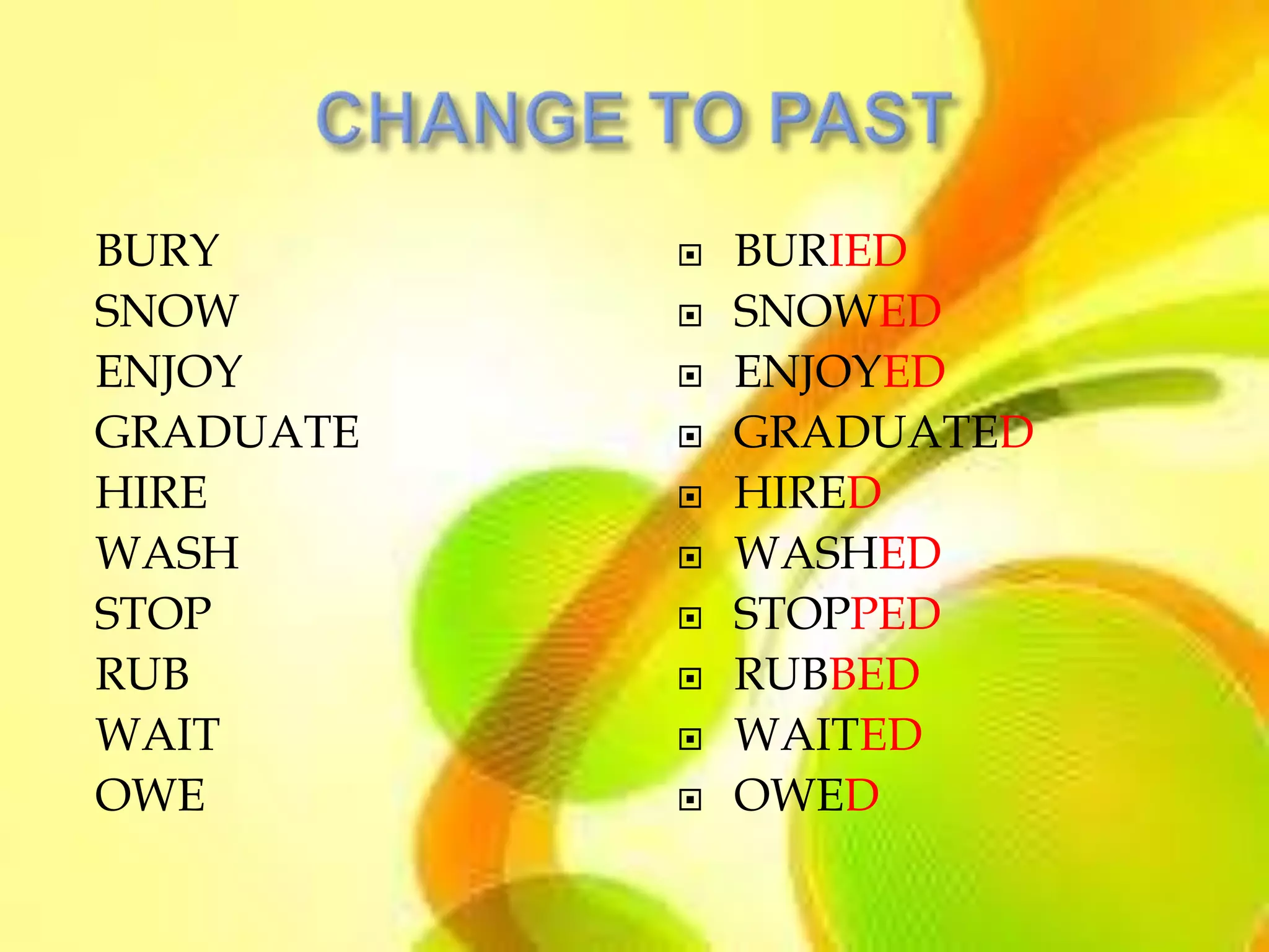 BURY          BURIED
SNOW          SNOWED
ENJOY         ENJOYED
GRADUATE      GRADUATED
HIRE          HIRED
WASH          WASHED
STOP          STOPPED
RUB           RUBBED
WAIT          WAITED
OWE           OWED
 