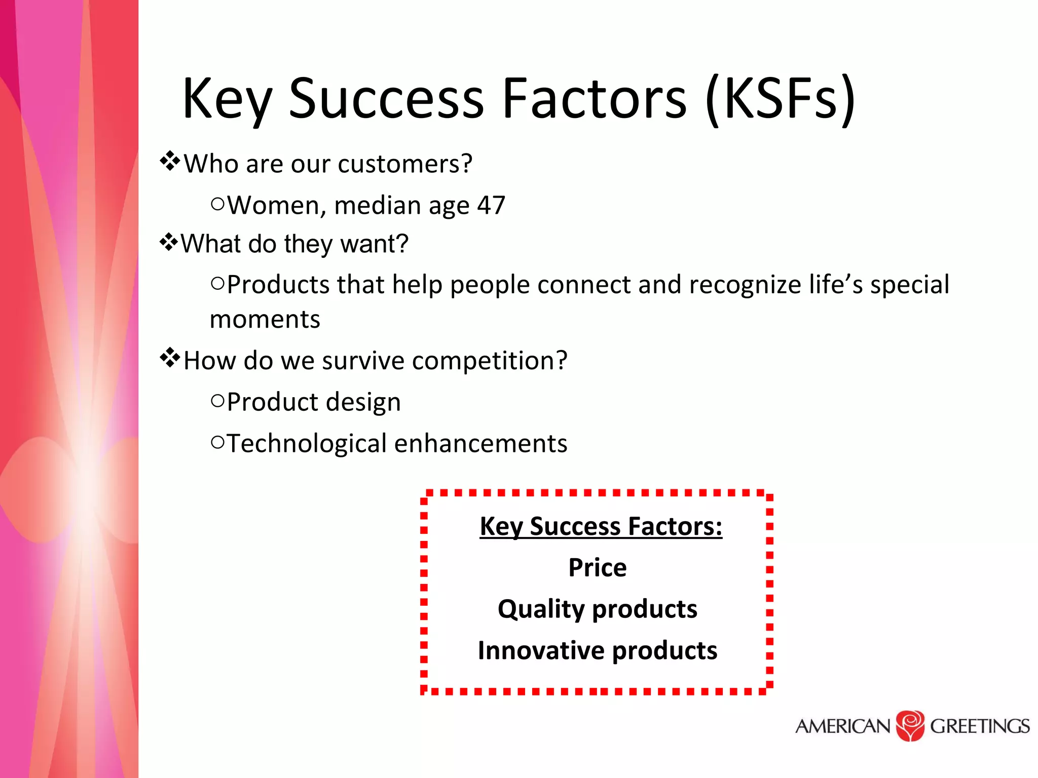 Key Success Factors (KSFs) Who are our customers? Women, median age 47 What do they want? Products that help people connect and recognize life’s special moments How do we survive competition? Product design  Technological enhancements  Key Success Factors: Price  Quality products  Innovative products   