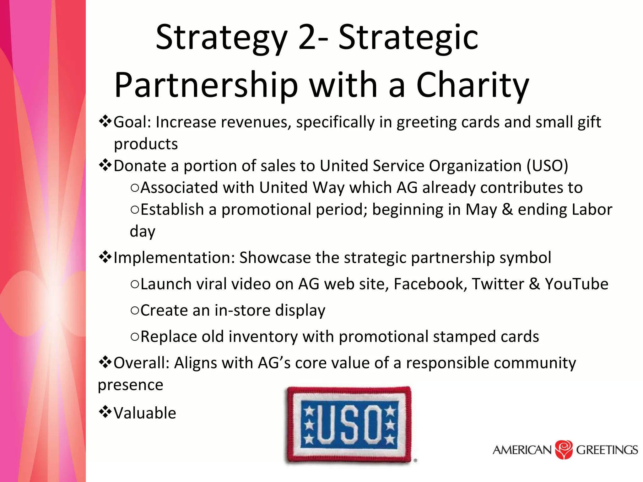 Strategy 2- Strategic  Partnership with a Charity Goal: Increase revenues, specifically in greeting cards and small gift  products Donate a portion of sales to United Service Organization (USO) Associated with United Way which AG already contributes to Establish a promotional period; beginning in May & ending Labor day Implementation: Showcase the strategic partnership symbol  Launch viral video on AG web site, Facebook, Twitter & YouTube Create an in-store display  Replace old inventory with promotional stamped cards  Overall: Aligns with AG’s core value of a responsible community presence Valuable   