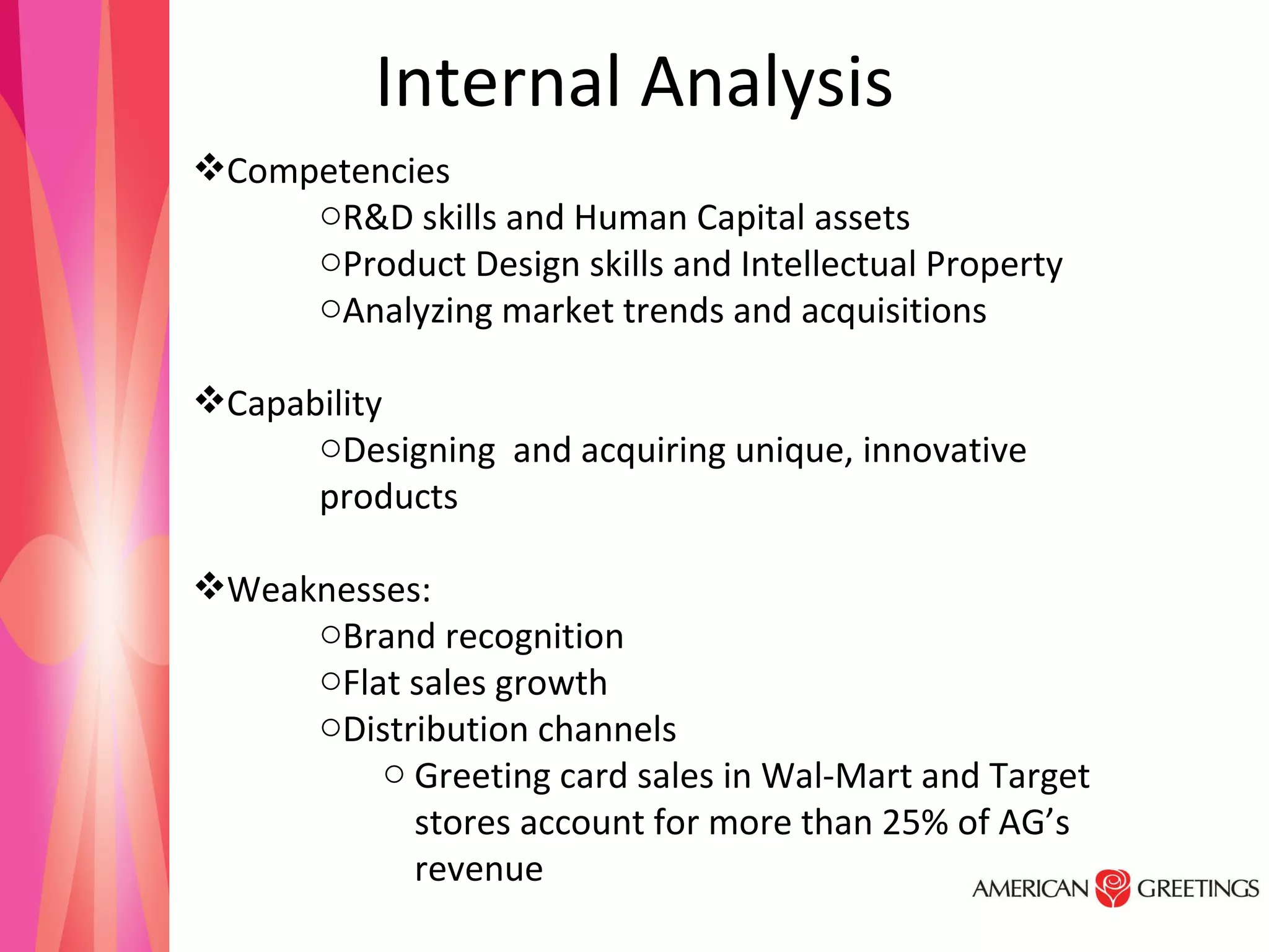 Internal Analysis Competencies R&D skills and Human Capital assets Product Design skills and Intellectual Property  Analyzing market trends and acquisitions  Capability Designing  and acquiring unique, innovative products Weaknesses: Brand recognition Flat sales growth Distribution channels  Greeting card sales in Wal-Mart and Target stores account for more than 25% of AG’s revenue 