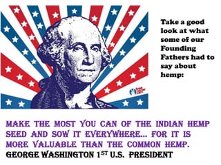 Take a good
                              look at what
                              some of our
                              Founding
                              Fathers had to
                              say about
                              hemp:




Make the most you can of the indian hemp
seed and sow it everywhere… for it is
more valuable than the common hemp.
George Washington 1st u.s. president
 