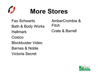 More Stores AmberCrombie & Fitch Crate & Barrell Fao Schwarts Bath & Body Works Hallmark Costco Blockbuster Video Barnes &...