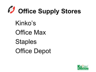 Office Supply Stores <ul><li>Kinko’s </li></ul><ul><li>Office Max </li></ul><ul><li>Staples </li></ul><ul><li>Office Depot...
