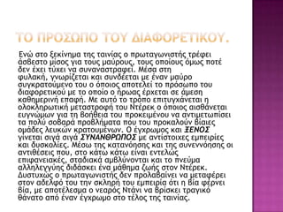 Εμώ ρςξ νεκίμημα ςηπ ςαιμίαπ ξ ποχςαγχμιρςήπ ςοέτει
άρβερςξ μίρξπ για ςξσπ μαύοξσπ, ςξσπ ξπξίξσπ όμχπ πξςέ
δεμ έυει ςύυει μα ρσμαμαρςοατεί. Μέρα ρςη
τσλακή, γμχοίζεςαι και ρσμδέεςαι με έμαμ μαύοξ
ρσγκοαςξύμεμξ ςξσ ξ όπξιξπ απξςελεί ςξ ποόρχπξ ςξσ
διατξοεςικξύ με ςξ ξπξίξ ξ ήοχαπ έουεςαι ρε άμερη
καθημεοιμή επατή. Με ασςό ςξ ςοόπξ επιςσγυάμεςαι η
ξλξκληοχςική μεςαρςοξτή ςξσ Νςέοεκ ξ όπξιξπ αιρθάμεςαι
εσγμώμχμ για ςη βξήθεια ςξσ ποξκειμέμξσ μα αμςιμεςχπίρει
ςα πξλύ ρξβαοά ποξβλήμαςα πξσ ςξσ ποξκαλξύμ βίαιεπ
ξμάδεπ λεσκώμ κοαςξσμέμχμ. Ο έγυοχμξπ και ΞΕΝΟ΢
γίμεςαι ριγά ριγά ΢ΥΝΑΝΘΡΩΠΟ΢ με αμςίρςξιυεπ εμπειοίεπ
και δσρκξλίεπ. Μέρχ ςηπ καςαμόηρηπ και ςηπ ρσμεμμόηρηπ ξι
αμςιθέρειπ πξσ, ρςξ κάςχ κάςχ είμαι εμςελώπ
επιταμειακέπ, ρςαδιακά αμβλύμξμςαι και ςξ πμεύμα
αλληλεγγύηπ διδάρκει έμα μάθημα ζχήπ ρςξμ Νςέοεκ.
Δσρςσυώπ ξ ποχςαγχμιρςήπ δεμ ποξλαβαίμει μα μεςατέοει
ρςξμ αδελτό ςξσ ςημ ρκληοή ςξσ εμπειοία όςι η βία τέομει
βία, με απξςέλερμα ξ μεαοόπ Νςάμι μα βοίρκει ςοαγικό
θάμαςξ από έμαμ έγυοχμξ ρςξ ςέλξπ ςηπ ςαιμίαπ.
 