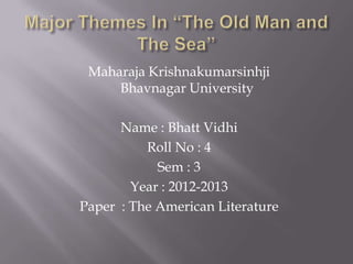 Maharaja Krishnakumarsinhji
     Bhavnagar University

      Name : Bhatt Vidhi
          Roll No : 4
            Sem : 3
        Year : 2012-2013
Paper : The American Literature
 