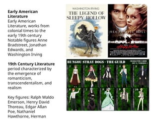 Early American
Literature
Early American
Literature, works from
colonial times to the
early 19th century
Notable figures Anne
Bradstreet, Jonathan
Edwards, and
Washington Irving
19th Century Literature
period characterized by
the emergence of
romanticism,
transcendentalism, and
realism
Key figures: Ralph Waldo
Emerson, Henry David
Thoreau, Edgar Allan
Poe, Nathaniel
Hawthorne, Herman
 