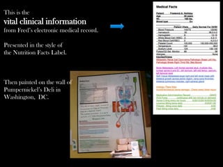 This is the
vital clinical information
from Fred’s electronic medical record.
Presented in the style of
the Nutrition Facts Label.
Then painted on the wall of
Pumpernickel’s Deli in
Washington, DC.
 