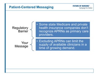 Patient-Centered Messaging
Regulatory
Barrier
• Some state Medicare and private
health insurance companies don’t
recognize APRNs as primary care
providers.
Your
Message
• Excluding APRNs can limit the
supply of available clinicians in a
time of growing demand.
 