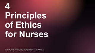 4
Principles
of Ethics
for Nurses
Gaines, K. (2021, July 22). W hat is the Nursing Code of Ethics? Nurse.org.
https://nurs...