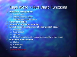 Case Work  - Five Basic Functions Utilization management Level of care Clinical resource usage External payer certifications Care Coordination Admission/Discharge planning Identification/management of other patient needs Education Psychosocial Spiritual Medical, Infection, risk management, quality of care issues Outcomes measurement Clinical Satisfaction Financial Communication! 