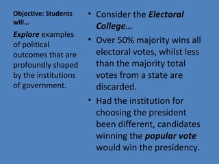 Objective: Students
will…
• Consider the Electoral
College…
• Over 50% majority wins all 
electoral votes, whilst less 
than the majority total 
votes from a state are 
discarded.
• Had the institution for 
choosing the president 
been different, candidates 
winning the popular vote
would win the presidency.
Explore examples 
of political 
outcomes that are 
profoundly shaped 
by the institutions 
of government.
 