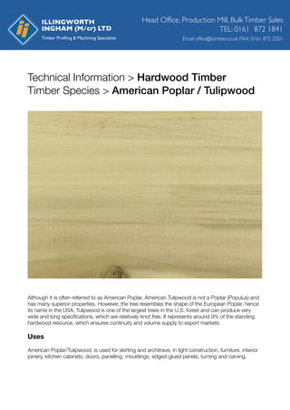 Technical Information > Hardwood Timber
Timber Species > American Poplar / Tulipwood
Although it is often referred to as American Poplar, American Tulipwood is not a Poplar (Populus) and
has many superior properties. However, the tree resembles the shape of the European Poplar, hence
its name in the USA. Tulipwood is one of the largest trees in the U.S. forest and can produce very
wide and long speciﬁcations, which are relatively knot free. It represents around 9% of the standing
hardwood resource, which ensures continuity and volume supply to export markets
Uses
American Poplar/Tulipwood, is used for skirting and architrave, in light construction, furniture, interior
joinery, kitchen cabinets, doors, panelling, mouldings, edged-glued panels, turning and carving.
Head Office, Production Mill, BulkTimber Sales
Email: office@iitimber.co.uk FAX: 0161 872 2501
TEL: 0161 872 1841
ILLINGWORTH
INGHAM (M/cr) LTD
 
