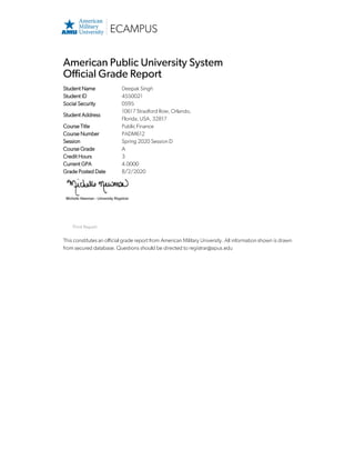 American Public University Transcript of Deepak (Danny) Singh | PDF