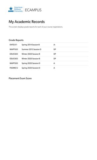 ECAMPUS
My Academic Records
This screen displays grade reports for each of your course registrations.
Grade Reports
ENTD311 Spring 2014 Session B A-
MAPP503 Summer 2015 Session D DP
EDUC603 Winter 2020 Session B DP
EDUC603 Winter 2020 Session B DP
MAPP503 Spring 2020 Session D A
PADM612 Spring 2020 Session D A
Placement Exam Score
 
 