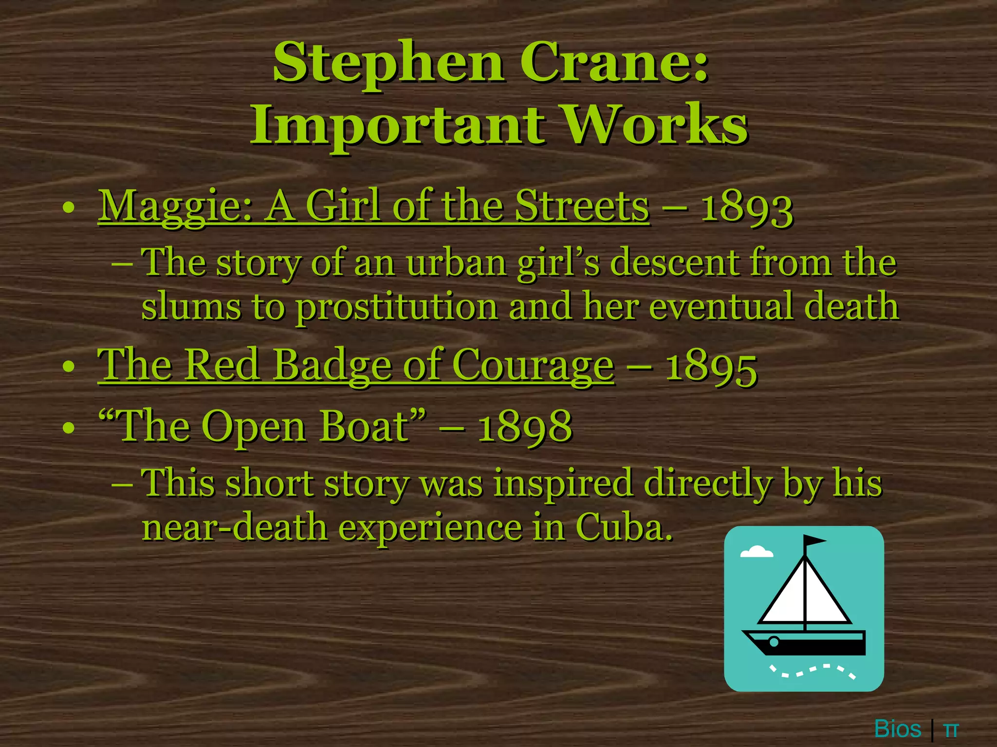 Stephen Crane:  Important Works Maggie: A Girl of the Streets  – 1893 The story of an urban girl’s descent from the slums to prostitution and her eventual death The Red Badge of Courage  – 1895 “ The Open Boat” – 1898 This short story was inspired directly by his near-death experience in Cuba. Bios  |  π 
