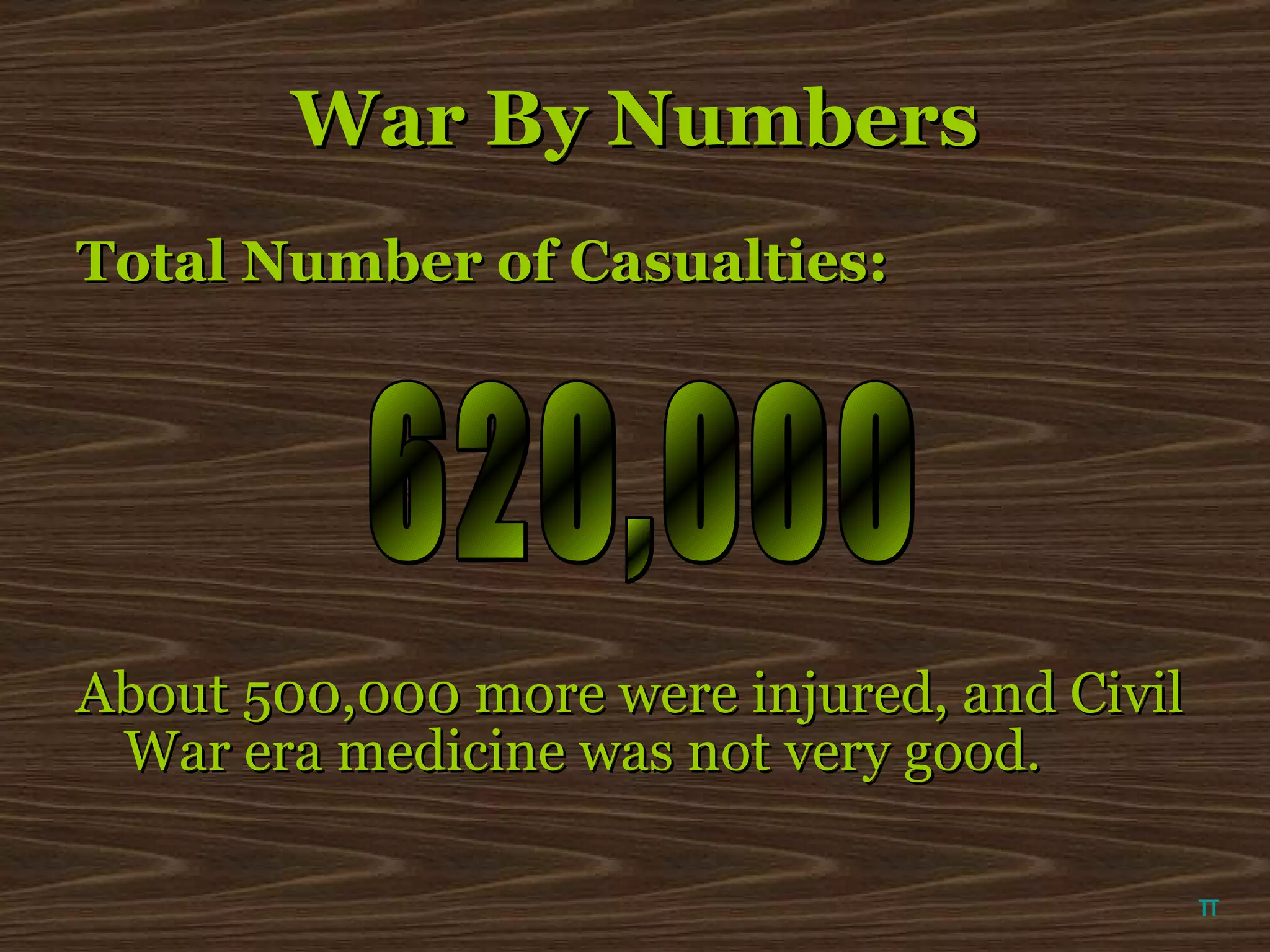 War By Numbers Total Number of Casualties: About 500,000 more were injured, and Civil War era medicine was not very good. 620,000 π 