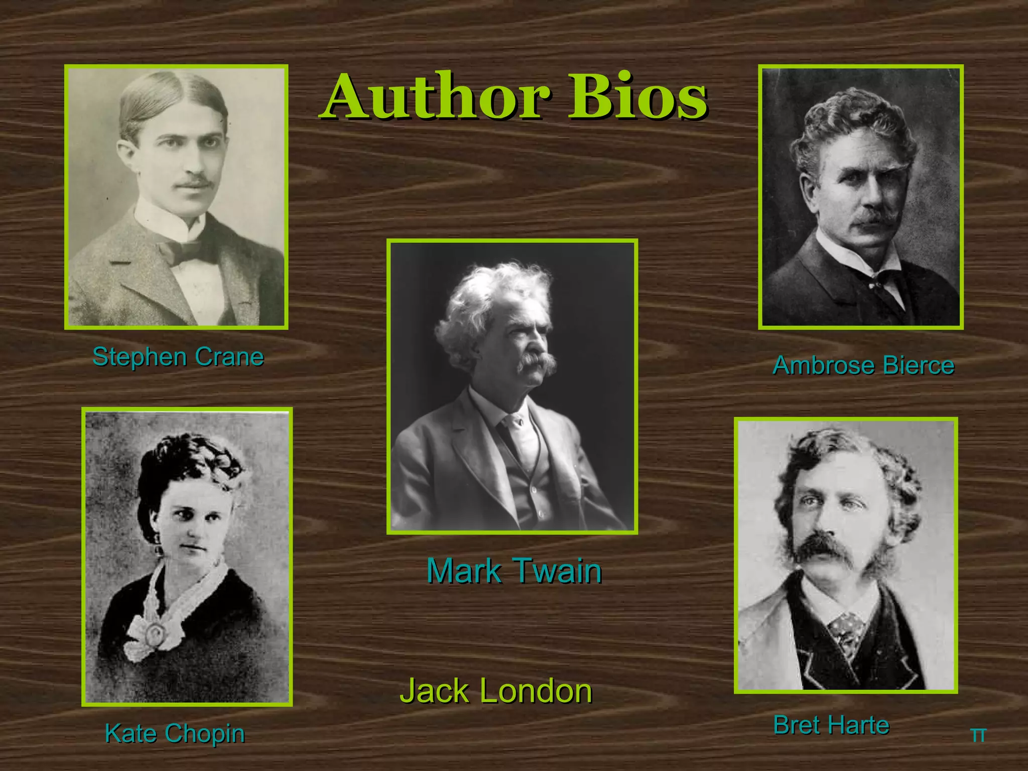 Author Bios π Mark Twain Ambrose Bierce Kate Chopin Bret Harte Stephen Crane Jack London 