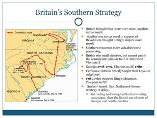 Britain’s Southern Strategy 
 Britain thought that there were more Loyalists 
in the South. 
 Southerners not as vocal in support of 
Revolution, thought it might inspire slave 
revolt 
 Southern resources more valuable/worth 
preserving. 
 British win small victories, but cannot pacify 
the countryside [similar to U. S. failures in 
Vietnam!] 
 Georgia 1778-1779, Charleston, SC 1780 
 Carolinas, Patriots bitterly fought their Loyalist 
neighbors. 
 1781, rebel victories King’s Mountain, 
Cowpens in NC 
 Quaker- reared Gen. Nathanael Greene 
strategy of delay. 
 Retreating and losing battles but winning 
campaigns, clear the British out of most of 
Georgia and South Carolina. 
 
